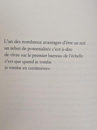 L’un des nombreux avantages d’être un raté
un rebut de potentialités c’est-à-dire
de vivre sur le premier barreau de l’échelle
c’est que quand je tombe
je tombe en centimètres.